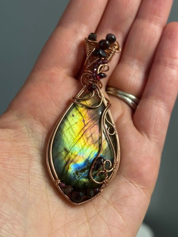 Feb2_19 "Volcanism" - Rainbow Labradorite & Garnet Pendant